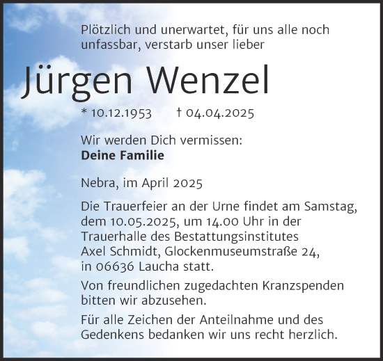 Traueranzeige von Jürgen Wenzel von Super Sonntag Naumburg/Nebra