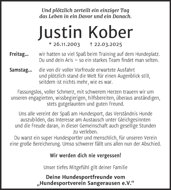 Traueranzeige von Justin Kober von Mitteldeutsche Zeitung Sangerhausen