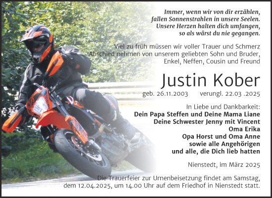 Traueranzeige von Justin Kober von Trauerkombi Sangerhausen