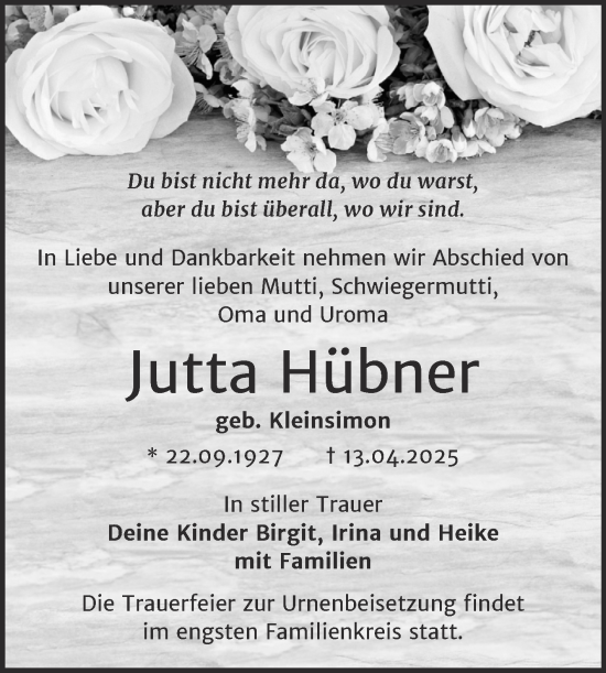 Traueranzeige von Jutta Hübner von Naumburger Tageblatt