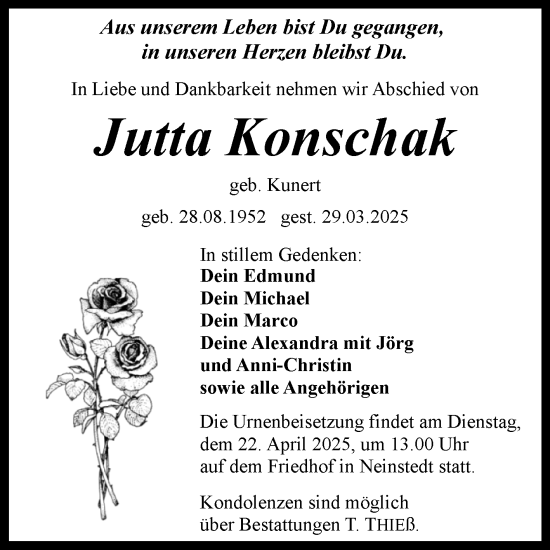 Traueranzeige von Jutta Konschak von Trauerkombi Quedlinburg