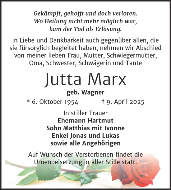 Traueranzeige von Jutta Marx von Trauerkombi Köthen