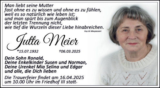 Traueranzeige von Jutta Meier von Trauerkombi Dessau