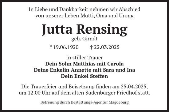 Traueranzeige von Jutta Rensing von Volksstimme Magdeburg