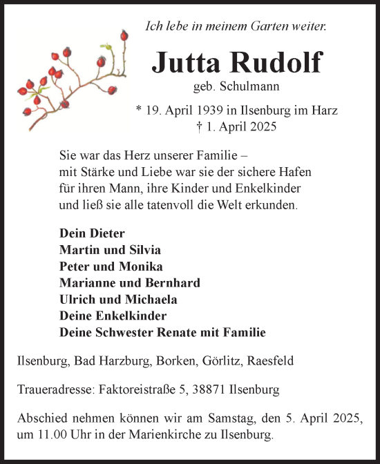 Traueranzeige von Jutta Rudolf von Volksstimme Wernigerode