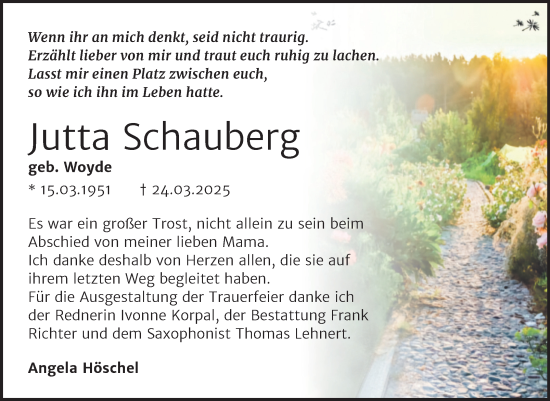 Traueranzeige von Jutta Schauberg von Trauerkombi Sangerhausen