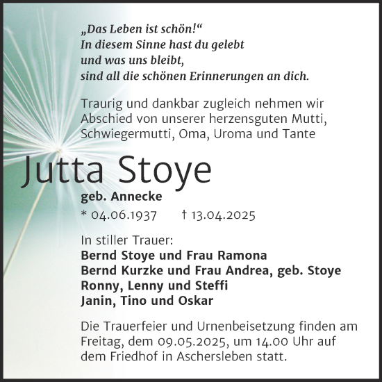 Traueranzeige von Jutta Stoye von Trauerkombi Aschersleben