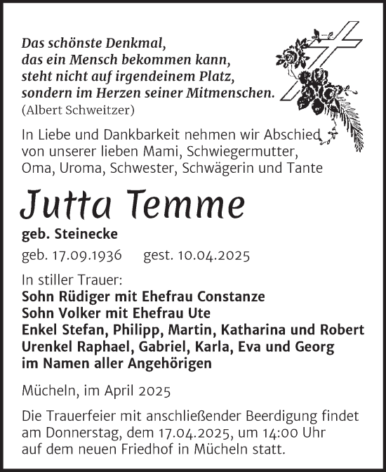 Traueranzeige von Jutta Temme von Mitteldeutsche Zeitung Merseburg/Querfurt