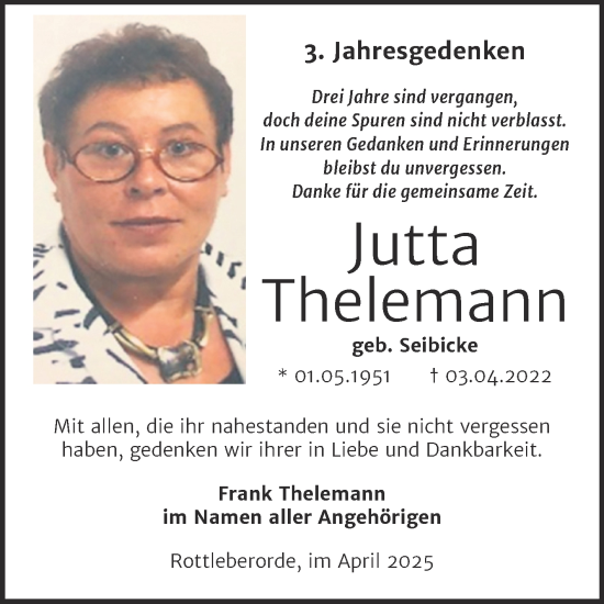 Traueranzeige von Jutta Thelemann von Trauerkombi Sangerhausen