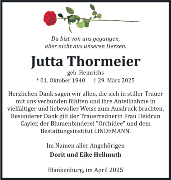 Traueranzeige von Jutta Thormeier von Volksstimme Wernigerode