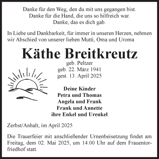 Traueranzeige von Käthe Breitkreutz von Volksstimme Zerbst