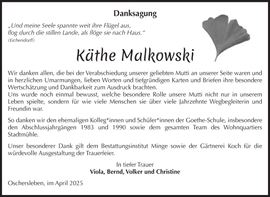 Traueranzeige von Käthe Malkowski von Volksstimme Oschersleben/Wanzleben