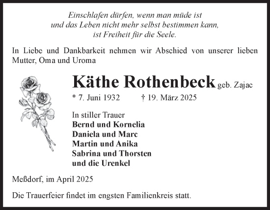 Traueranzeige von Käthe Rothenbeck von Volksstimme Altmark Ost