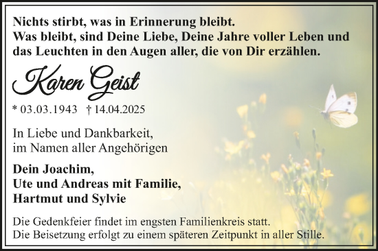 Traueranzeige von Karen Geist von Trauerkombi Dessau