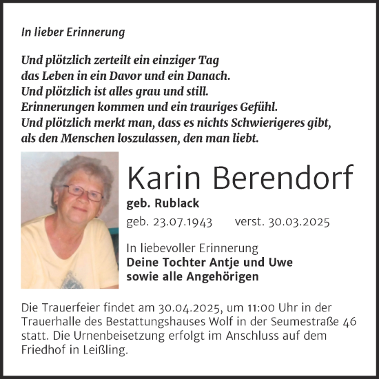 Traueranzeige von Karin Berendorf von Trauerkombi Weißenfels