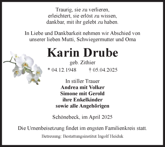 Traueranzeige von Karin Drube von Volksstimme Schönebeck
