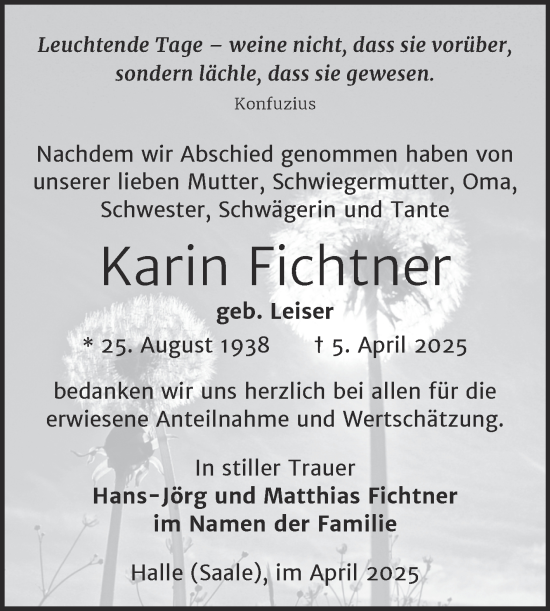 Traueranzeige von Karin Fichtner von Mitteldeutsche Zeitung Halle/Saalkreis