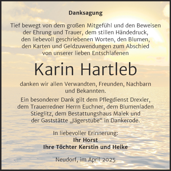 Traueranzeige von Karin Hartleb von Trauerkombi Quedlinburg