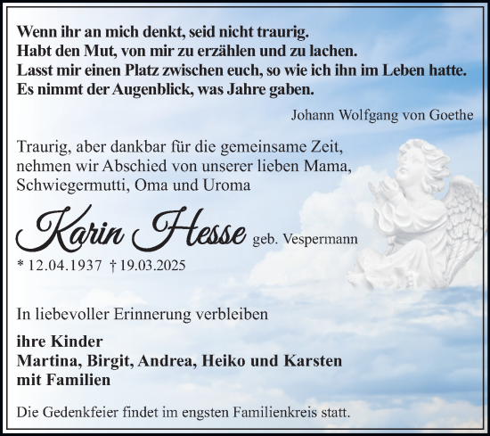 Traueranzeige von Karin Hesse von Trauerkombi Dessau