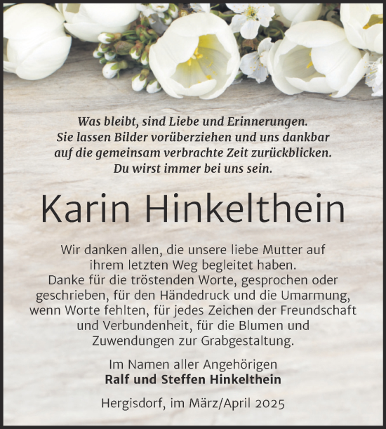 Traueranzeige von Karin Hinkelthein von Trauerkombi Mansfelder Land