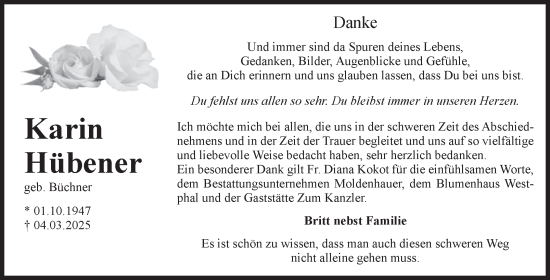 Traueranzeige von Karin Hübener von Volksstimme Altmark Ost