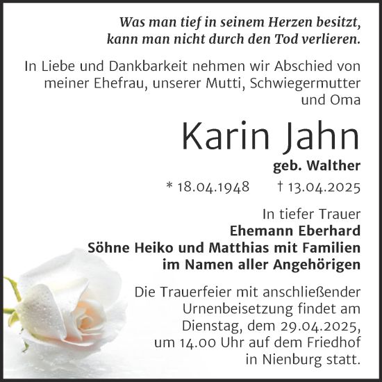 Traueranzeige von Karin Jahn von Trauerkombi Bernburg
