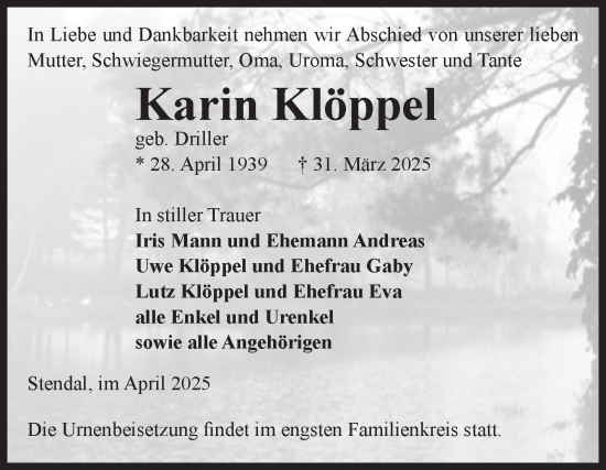 Traueranzeige von Karin Klöppel von Volksstimme Altmark Ost