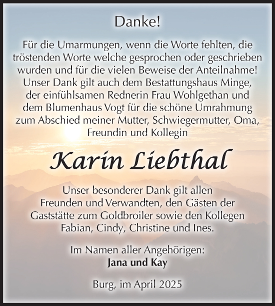 Traueranzeige von Karin Liebthal von Volksstimme Burg/Genthin