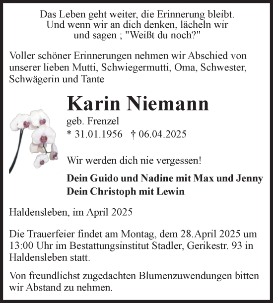 Traueranzeige von Karin Niemann von Volksstimme Haldensleben/Wolmirstedt