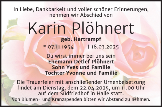 Traueranzeige von Karin Plöhnert von Mitteldeutsche Zeitung Halle/Saalkreis