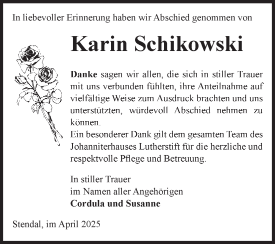 Traueranzeige von Karin Schikowski von Volksstimme Altmark Ost