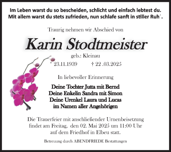 Traueranzeige von Karin Stodtmeister von Volksstimme Haldensleben/Wolmirstedt