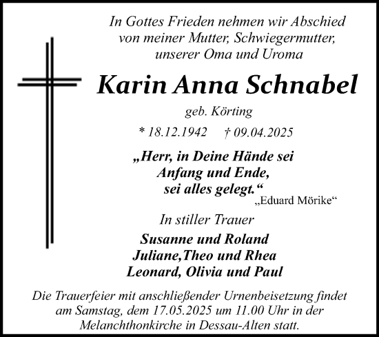Traueranzeige von Karin Anna Schnabel von Trauerkombi Dessau