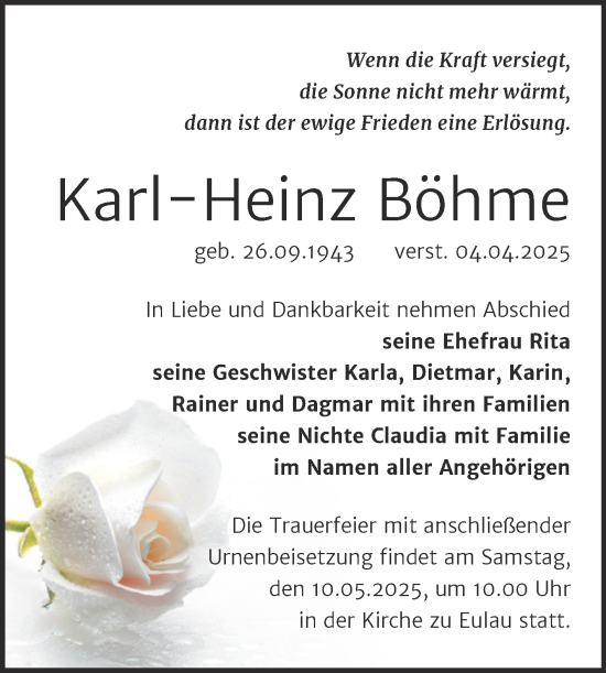 Traueranzeige von Karl-Heinz Böhme von Trauerkombi Weißenfels