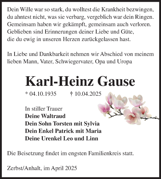 Traueranzeige von Karl-Heinz Gause von Volksstimme Zerbst