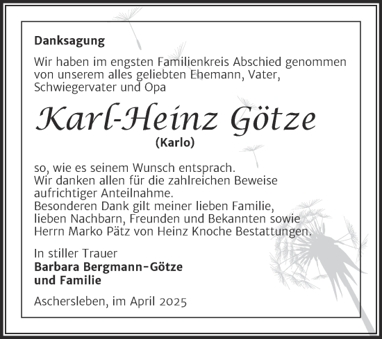 Traueranzeige von Karl-Heinz Götze von Trauerkombi Aschersleben