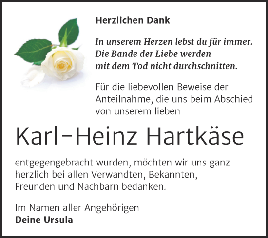 Traueranzeige von Karl-Heinz Hartkäse von Trauerkombi Sangerhausen