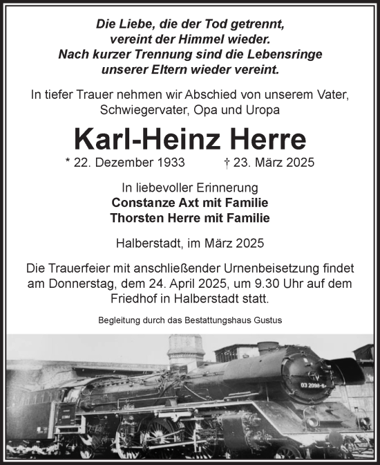 Traueranzeige von Karl-Heinz Herre von Volksstimme Halberstadt