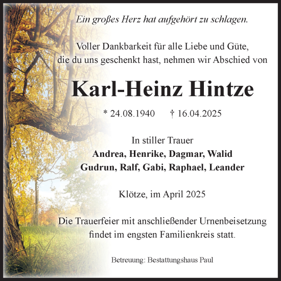 Traueranzeige von Karl-Heinz Hintze von Volksstimme Altmark West