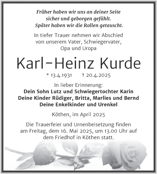 Traueranzeige von Karl-Heinz Kurde von Trauerkombi Köthen