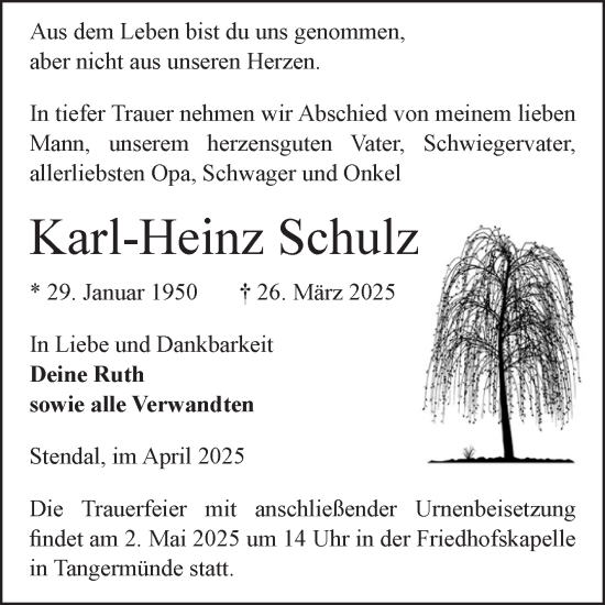 Traueranzeige von Karl-Heinz Schulz von Volksstimme Altmark Ost