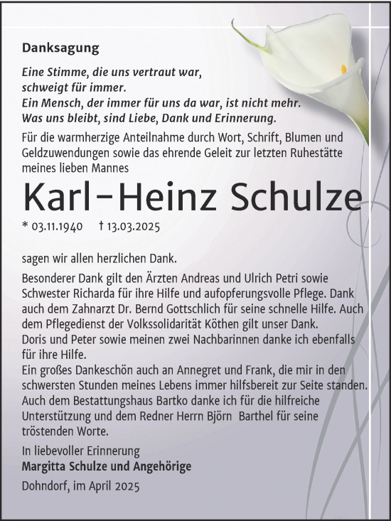 Traueranzeige von Karl-Heinz Schulze von Trauerkombi Köthen