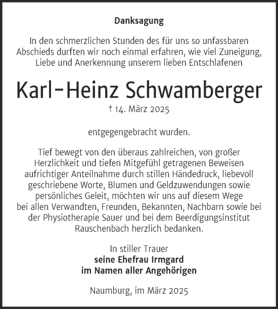Traueranzeige von Karl-Heinz Schwamberger von Naumburger Tageblatt