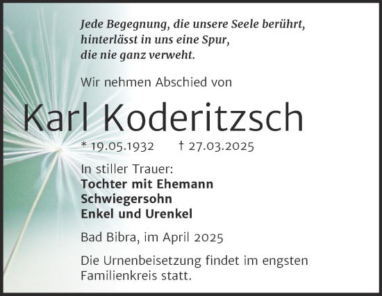 Traueranzeige von Karl Koderitzsch von Super Sonntag Naumburg/Nebra