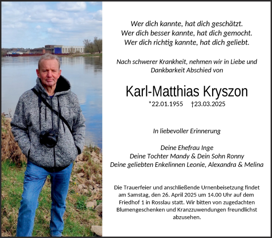 Traueranzeige von Karl-Matthias Kryszon von Trauerkombi Dessau