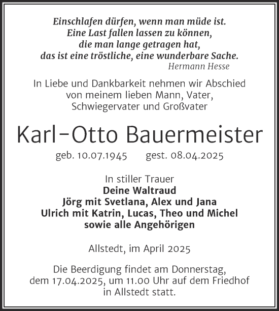 Traueranzeige von Karl-Otto Bauermeister von Mitteldeutsche Zeitung Sangerhausen