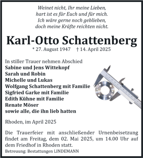 Traueranzeige von Karl-Otto Schattenberg von Volksstimme Halberstadt
