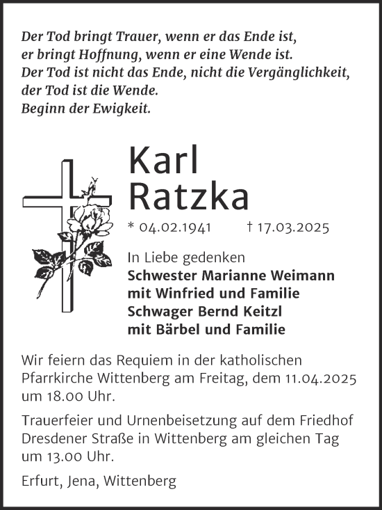 Traueranzeige von Karl Ratzka von Trauerkombi Wittenberg