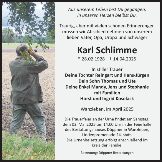 Traueranzeige von Karl Schlimme von Volksstimme Oschersleben/Wanzleben