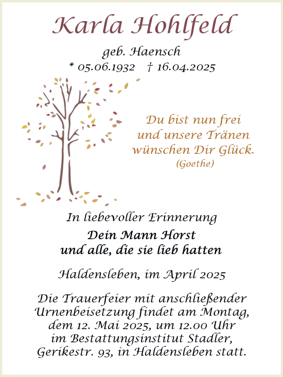 Traueranzeige von Karla Hohlfeld von Volksstimme Haldensleben/Wolmirstedt
